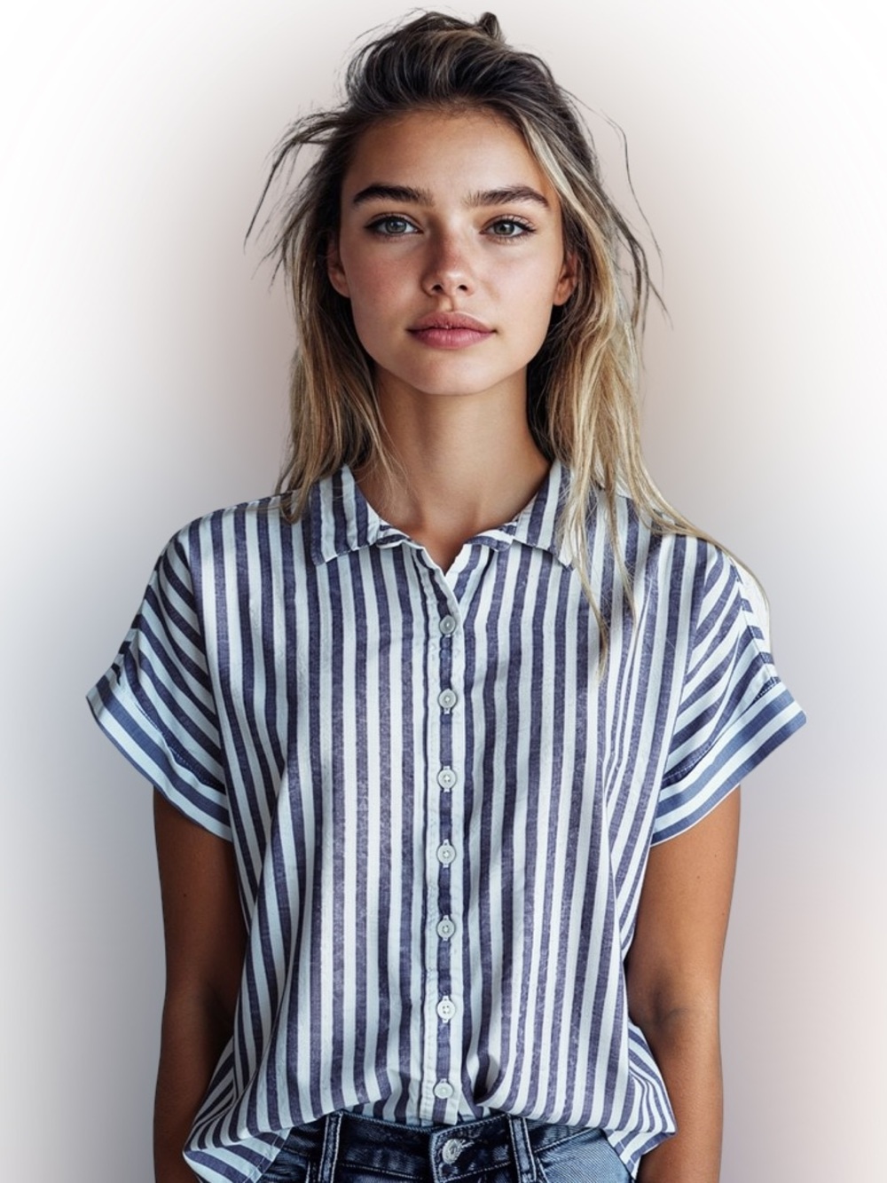 Alexander Jordan Navy White Stripe Button Front Short Sleeve Blouse Size M